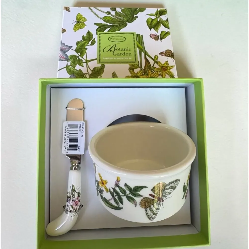 Portmeirion Botanic Garden Ramekin & Spreader Set NIB Butter Dish Bowl w Knife